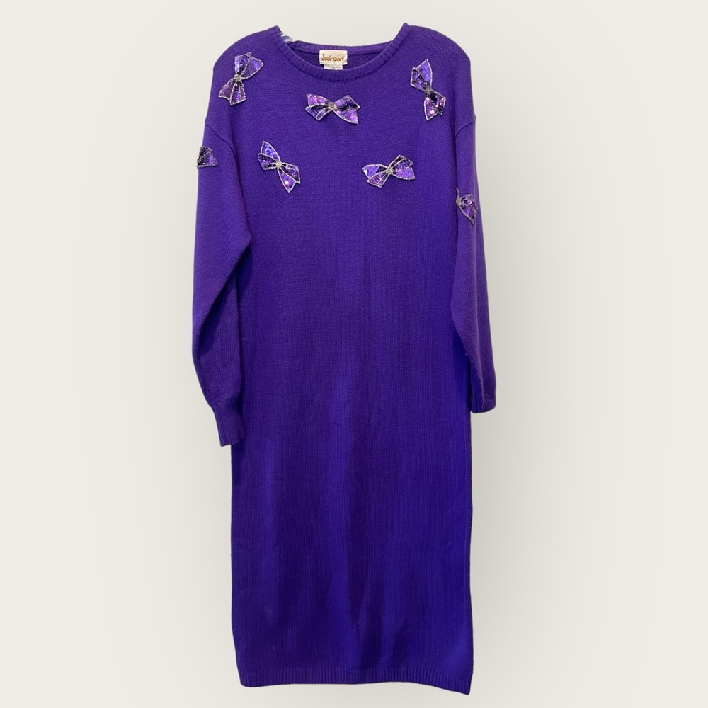 Vintage Just-Mort 80s Purple Sequined Bows Sweater Dress Sz M - Picture 5 of 5